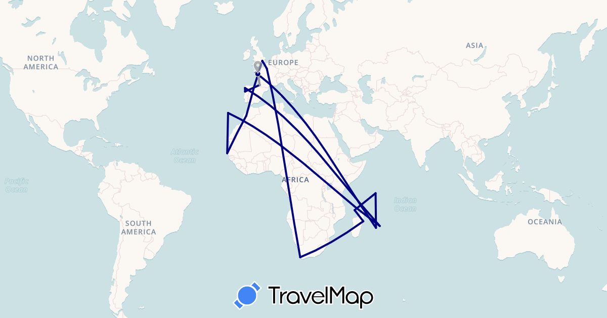 TravelMap itinerary: driving, plane in Spain, France, United Kingdom, Morocco, Madagascar, Mauritius, Portugal, Réunion, Seychelles, Senegal, Mayotte, South Africa (Africa, Europe)